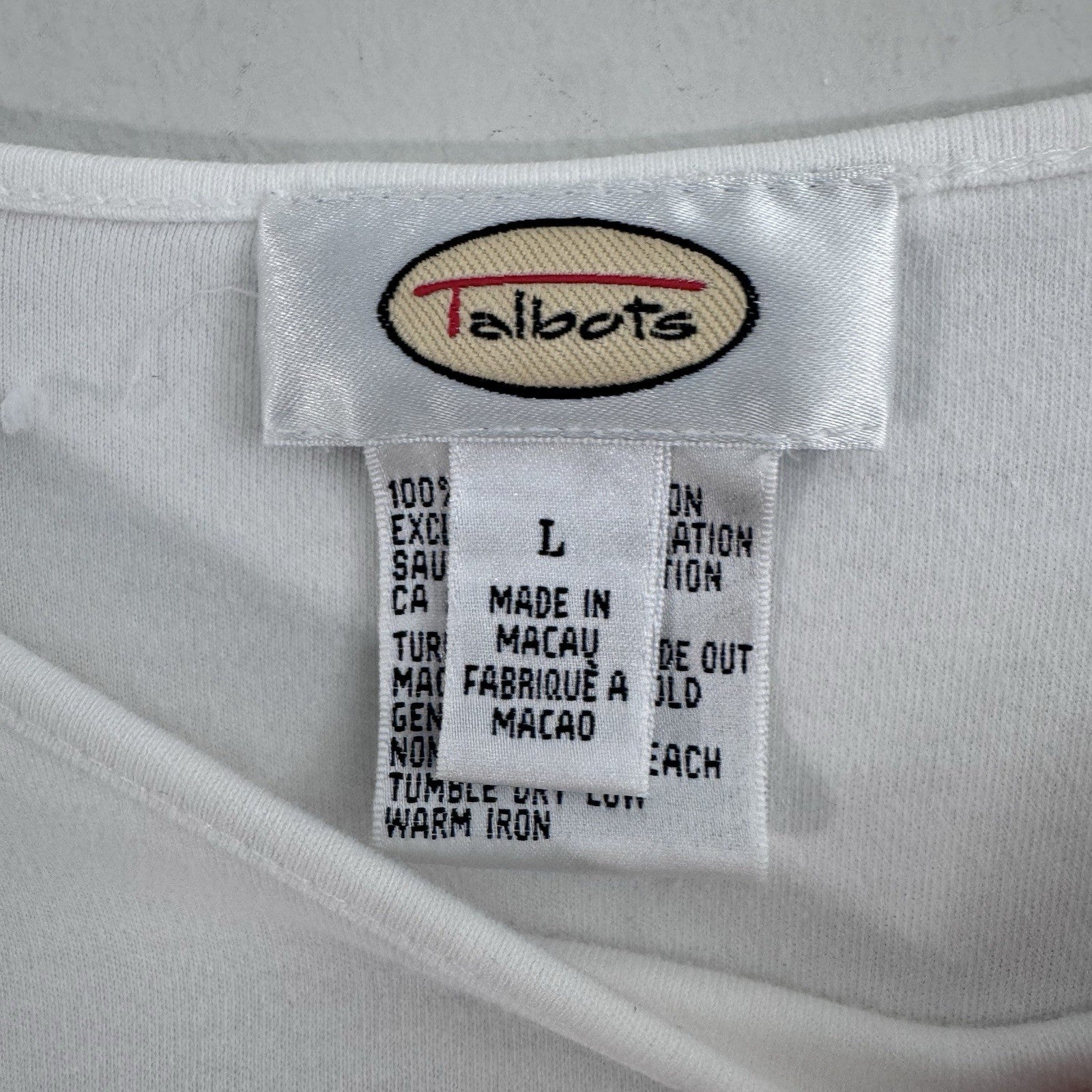 Talbots Womens Large White Pink Heart Print Long Sleeve Cotton Knit Top