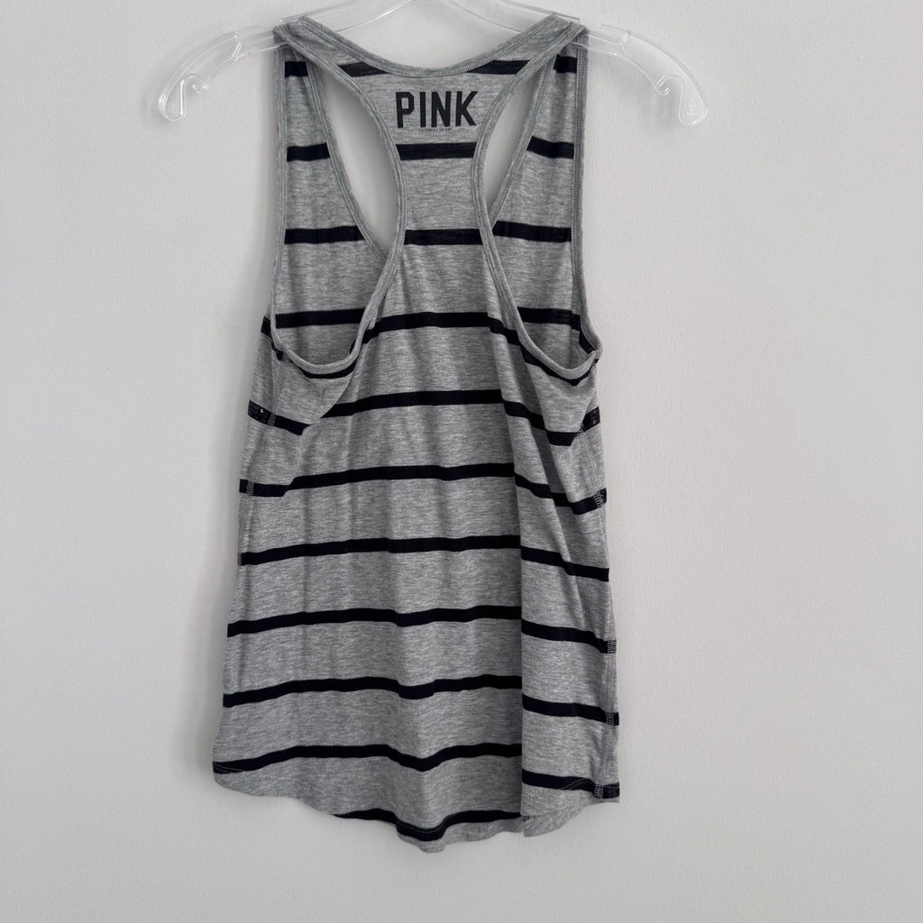 VICTORIA SECRET PINK TANK TOP Size XS Grey With Black Sequin Stripes Racer Back