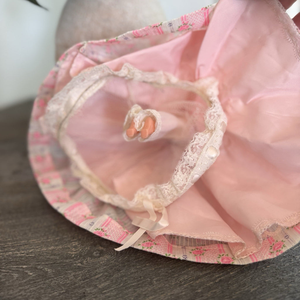 Vintage Southern Belle Souvenir Doll 8.5" Pink Rose Floral Gown Lace Bonnet 1950