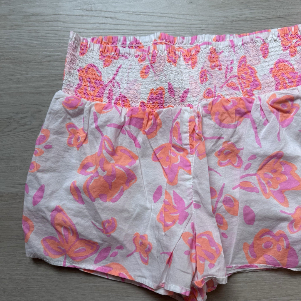 Vineyard Vines Floral Shorts Pink Orange Smocked Waist Cotton Women Small