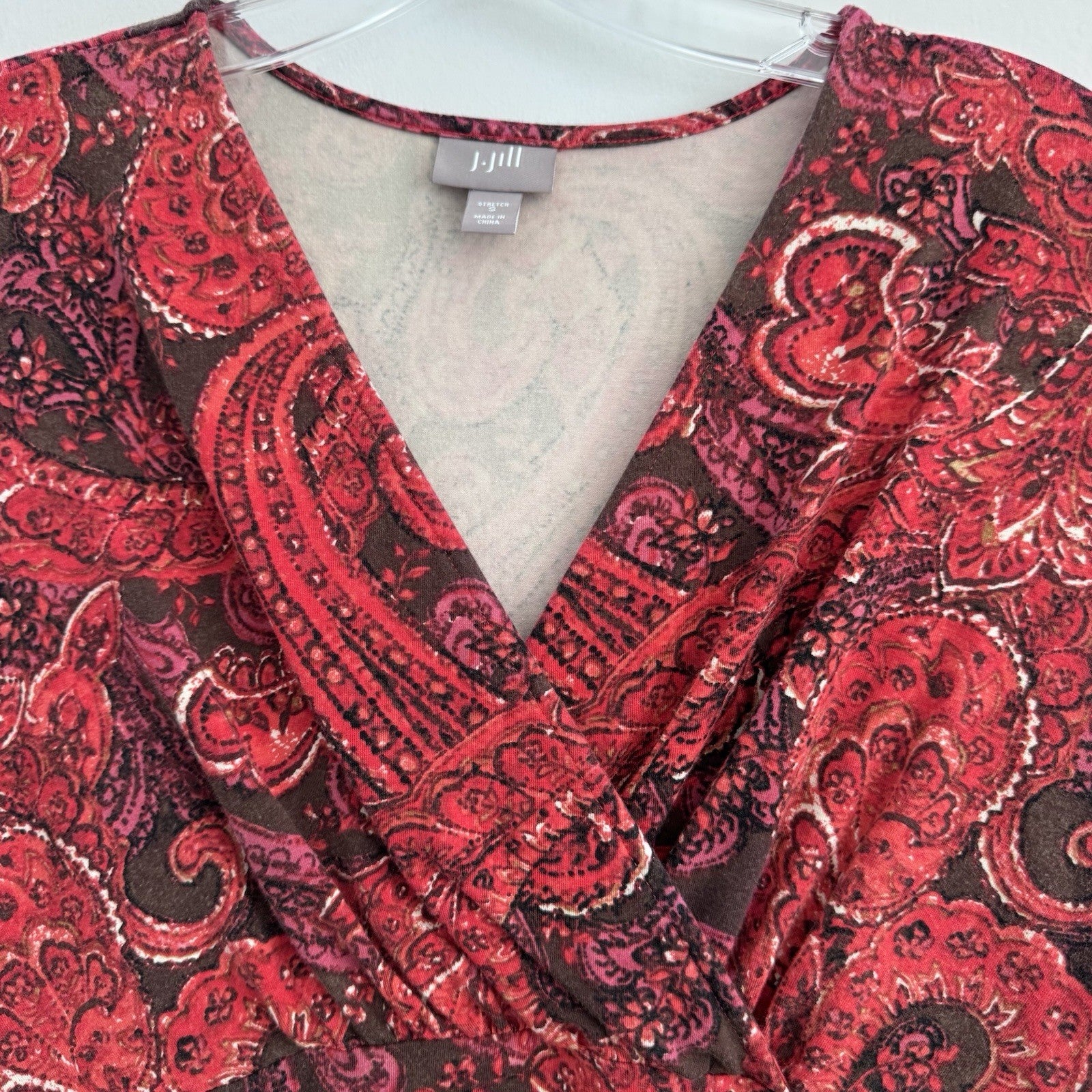 J Jill Sz Small Red Paisley Faux Wrap Vneck 3/4 Sleeve Pima Cotton Dress Stretch