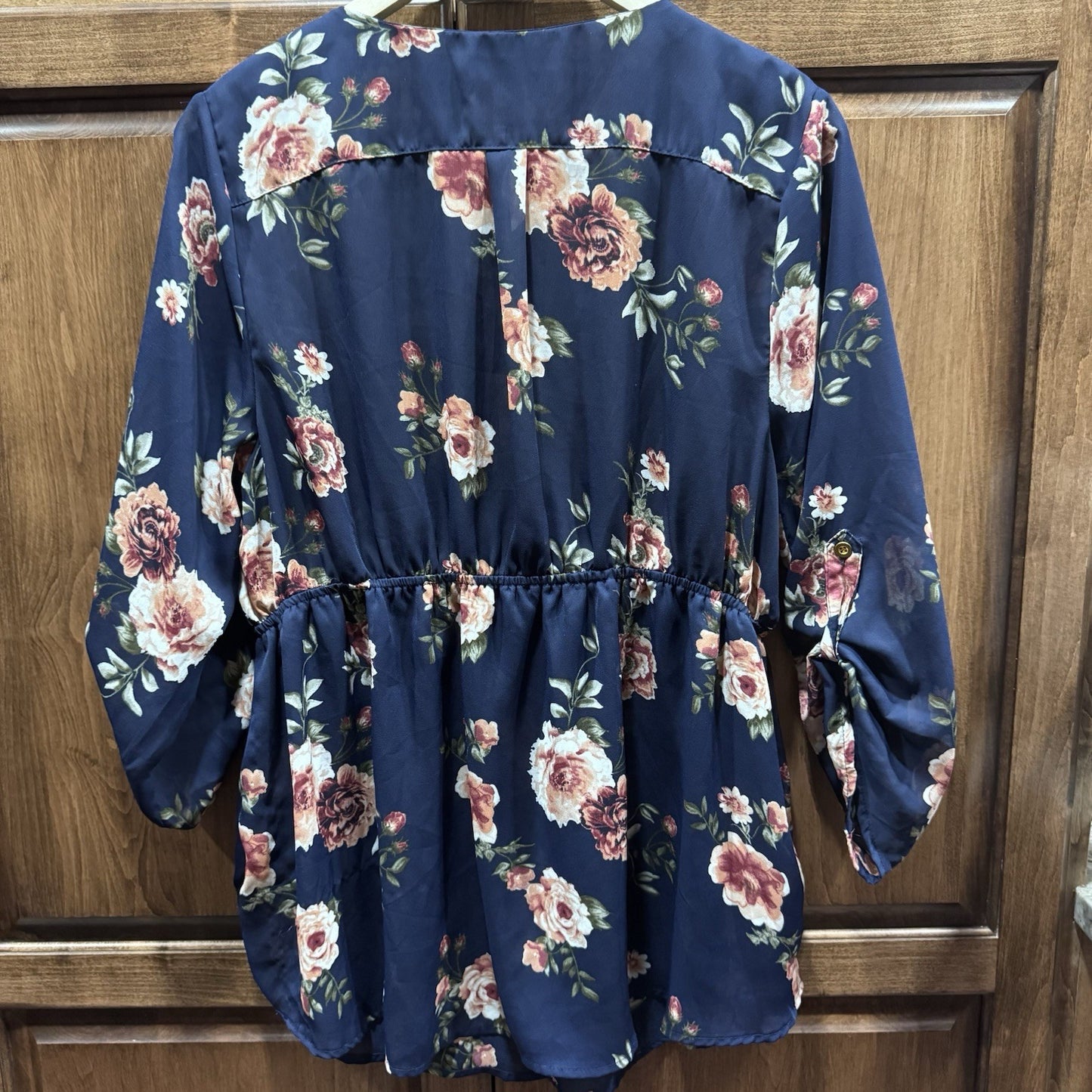 J for Justify Navy Floral V-Neck Blouse Tunic Top XL Gold Zippers Polyester