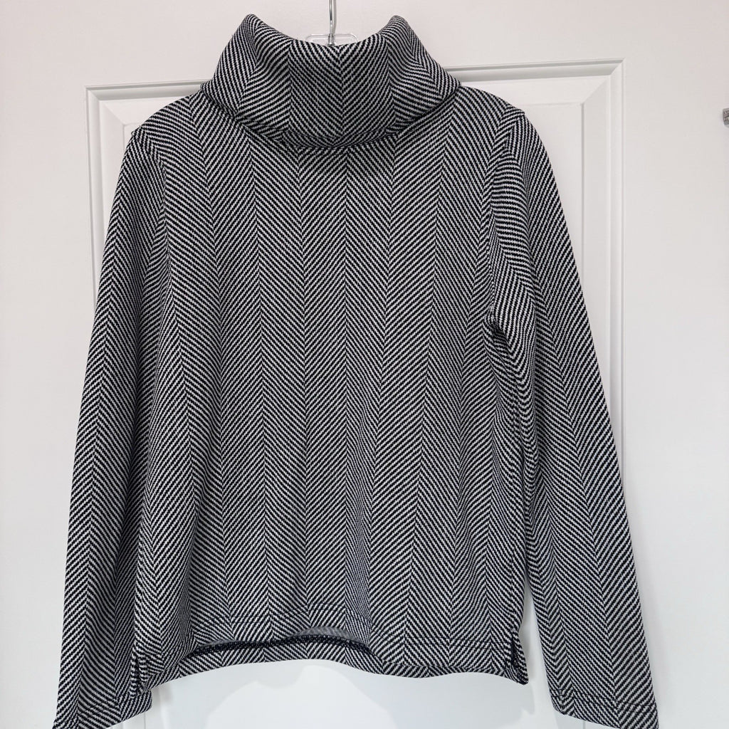 J.Crew Herringbone Funnel Neck Top Medium Black White Long Sleeve Knit Pullover