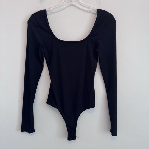 Altar’d State Black Ribbed Bodysuit M Square Neck Long Sleeve Stretch