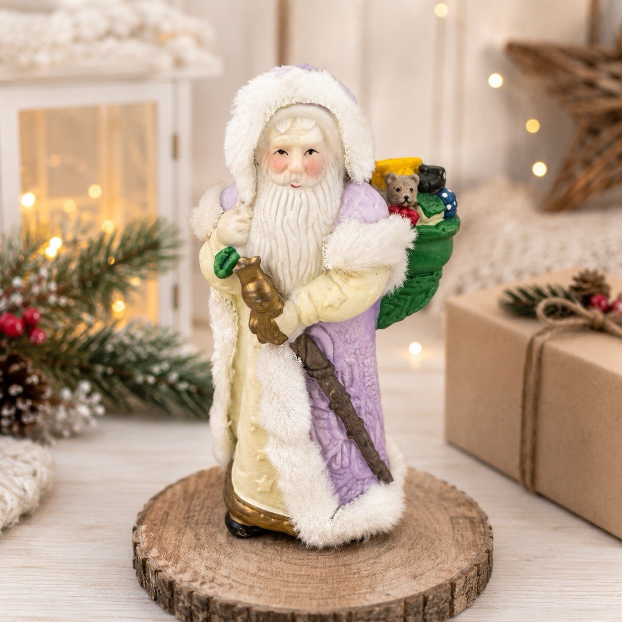 K's Collection 7" Old World Porcelain Santa Figurine with Faux Fur & Toy Napsack