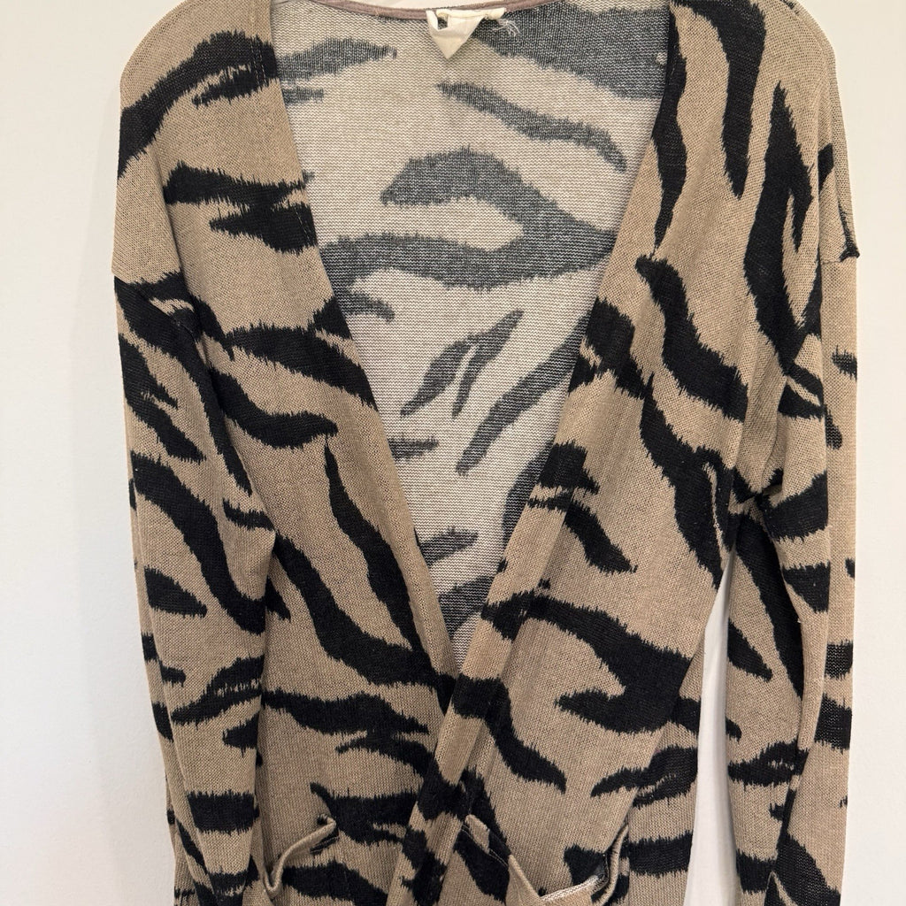 BIBI Women Large L Tiger Print Longline Cardigan Sweater Tan Black Animal Pocket