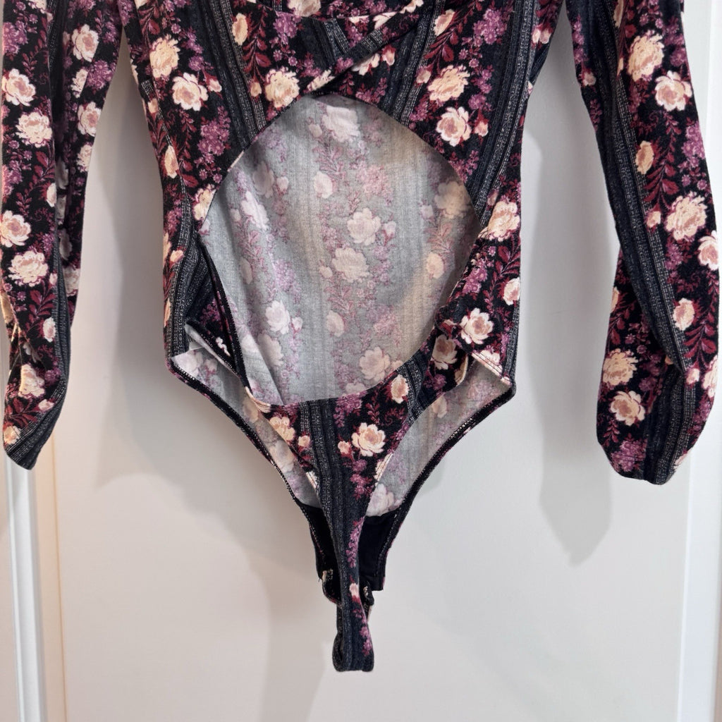 Free People Floral Long Sleeve Bodysuit Cutout Back Pink Purple Size S