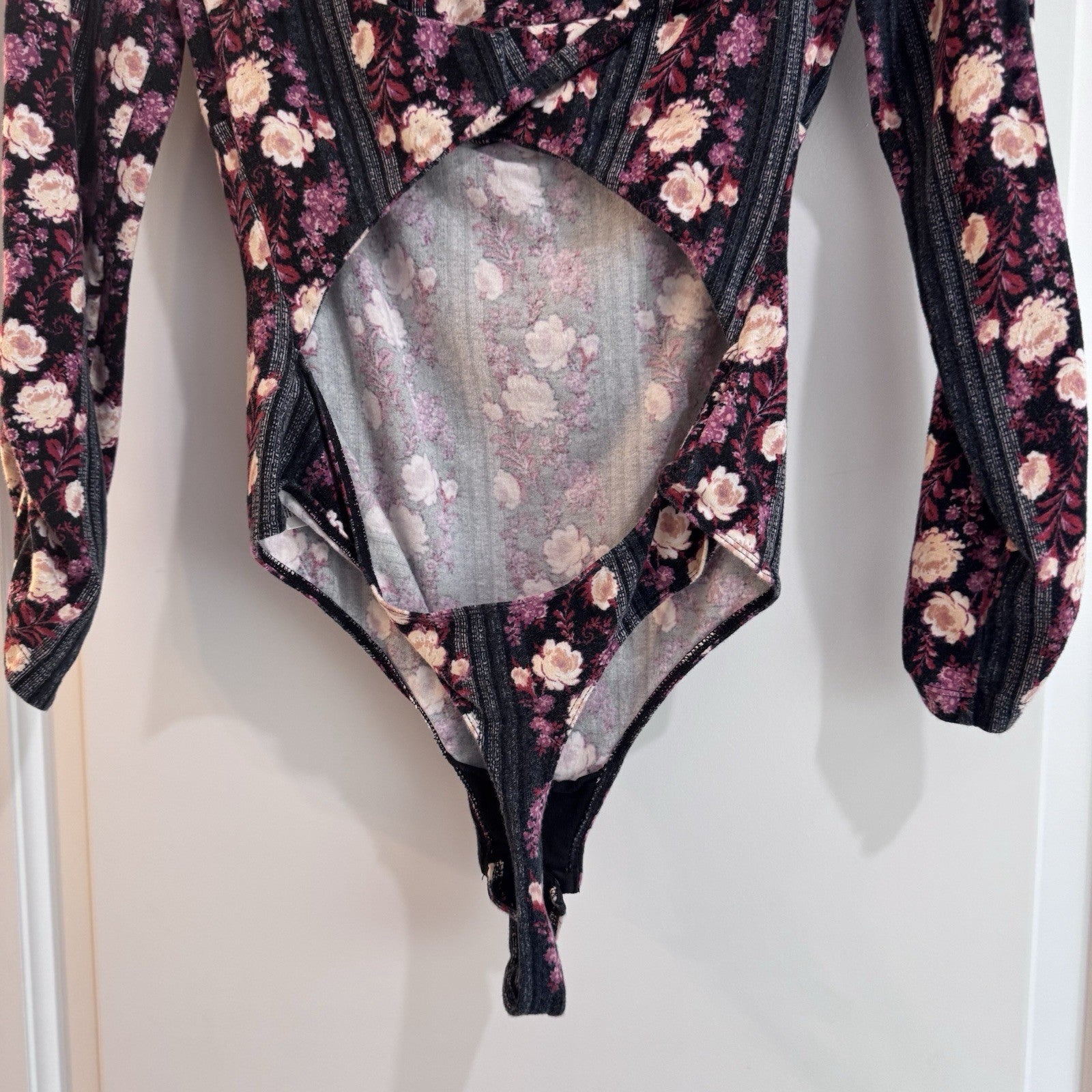 Free People Floral Long Sleeve Bodysuit Cutout Back Pink Purple Size S
