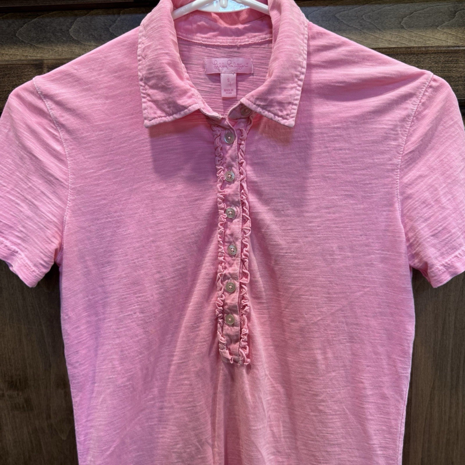 Lilly Pulitzer Pink Ruffle Button Polo Shirt Women’s Small Pima Cotton