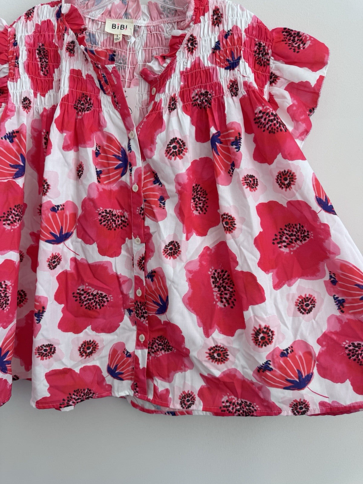 BiBi Pink Floral Blouse Small Smocked Ruffle Sleeve Button Front Top