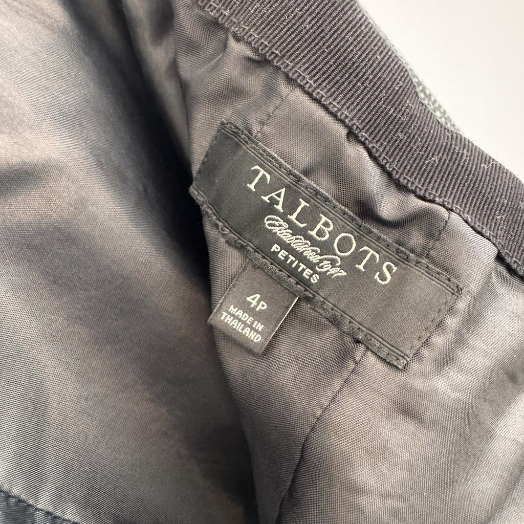 Talbots Petites Tweed Skirt Suit Set 2P 4P Black White Textured Bow Jacket