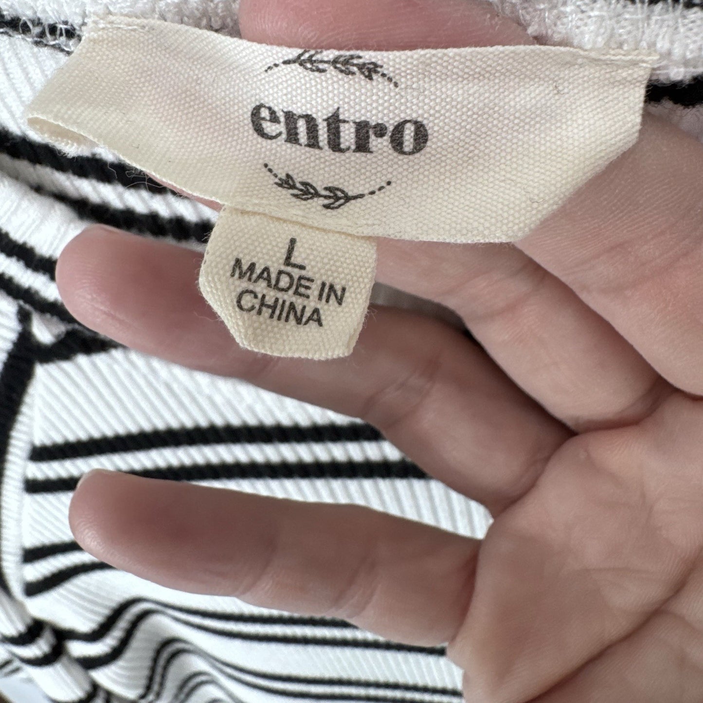 Entro Black White Striped Ribbed Knit Top Women’s Size L Puff Sleeve Long Sleeve