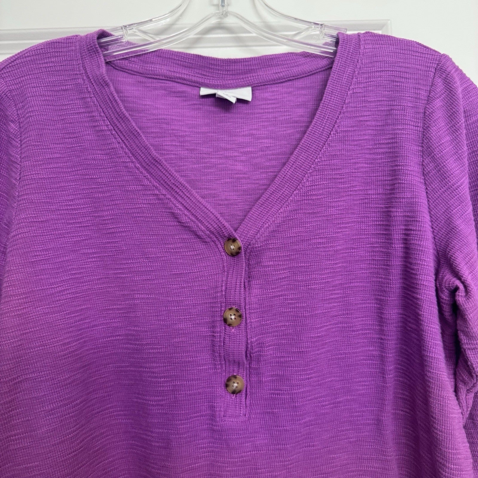 J. Jill Purple Button Front Cotton Knit Top M Petite 3/4 Sleeve Textured