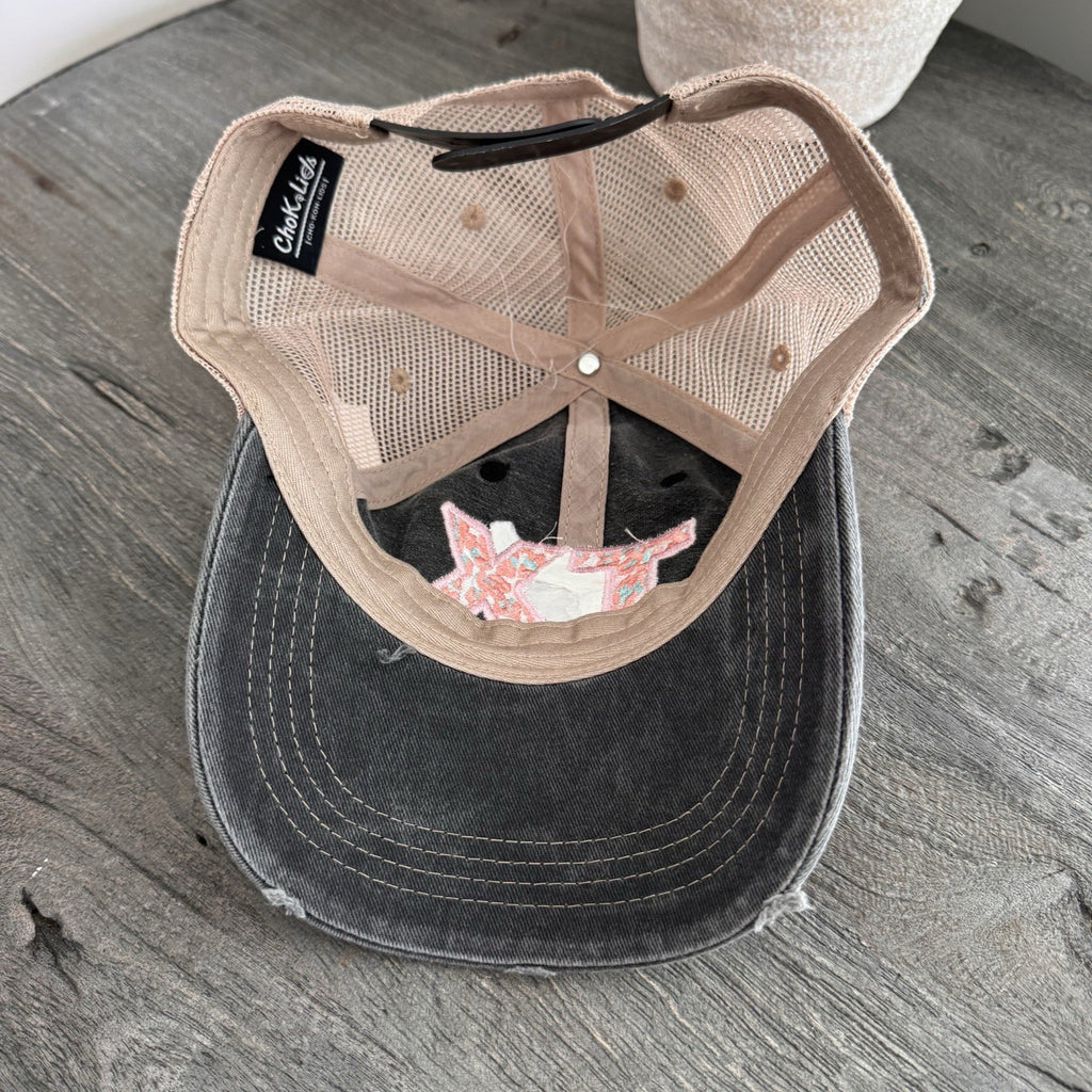 Katydid TX Floral Embroidered Hat Distressed Trucker Cap Black Pink Adjustable
