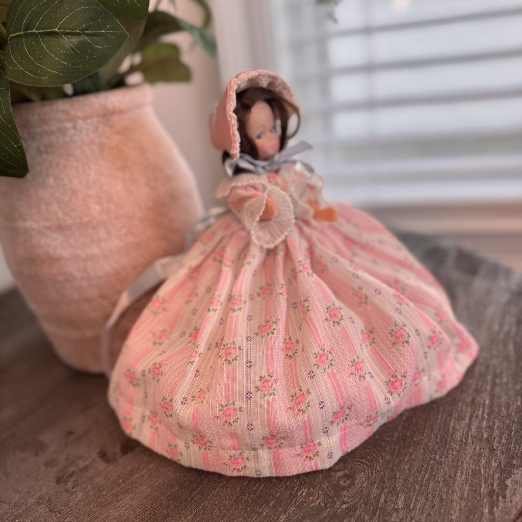 Vintage Southern Belle Souvenir Doll 8.5" Pink Rose Floral Gown Lace Bonnet 1950