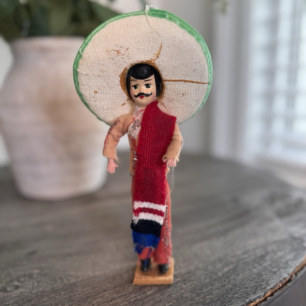 Vintage Mexican Souvenir Doll Mariachi Charro 7.5" Sombrero Serape Wood Base