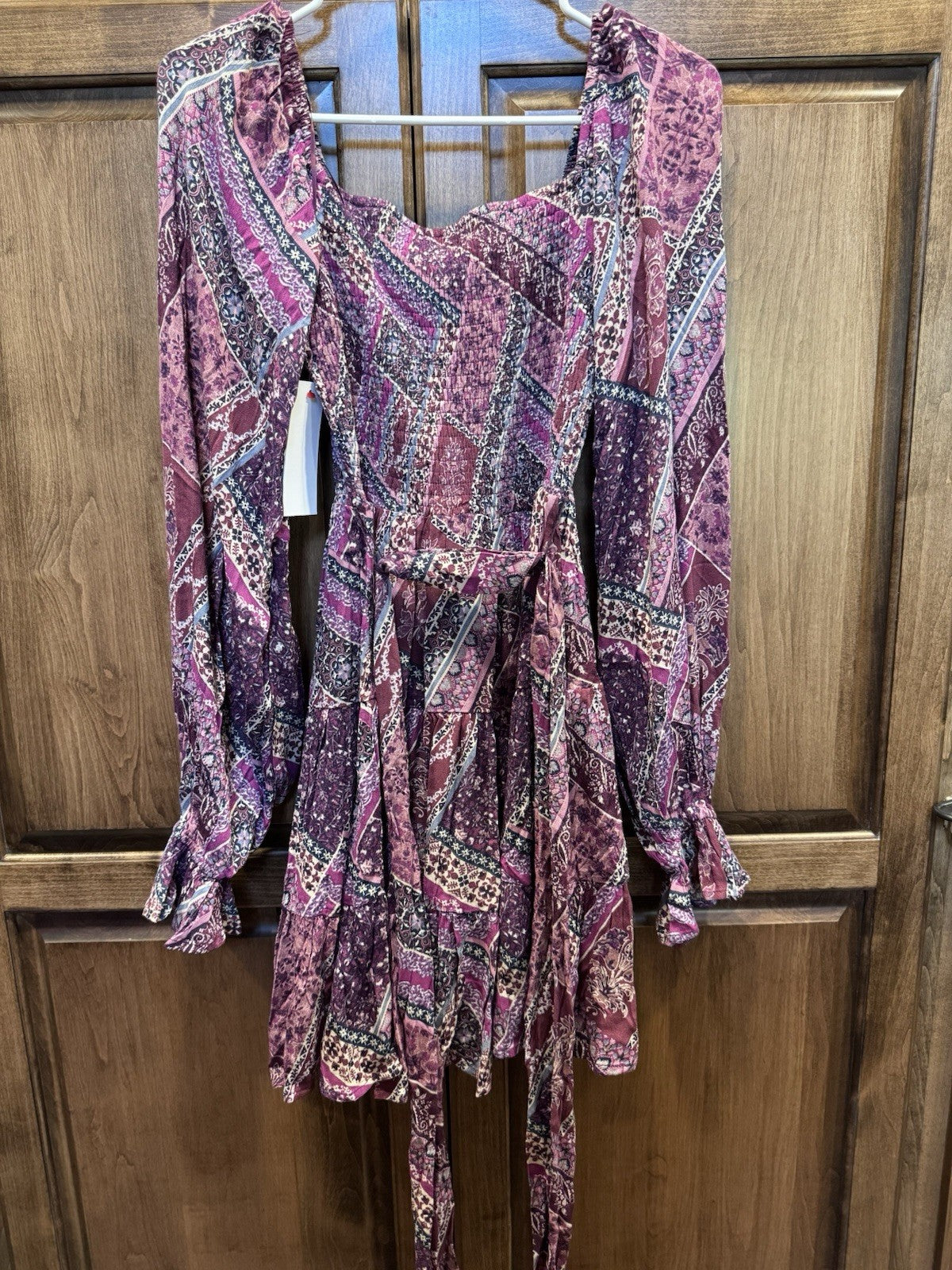 Aura by Red Dress Boho Patchwork Smocked Mini Dress Size Small Long Sleeve NWT