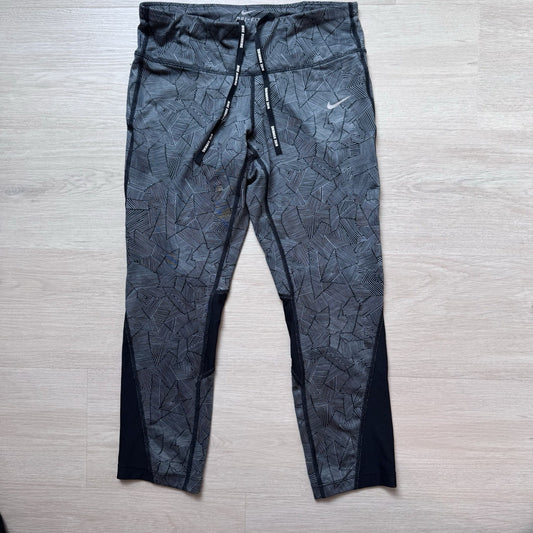 Nike Dri Fit Running Leggings Womens Small Gray Black Print Drawstring