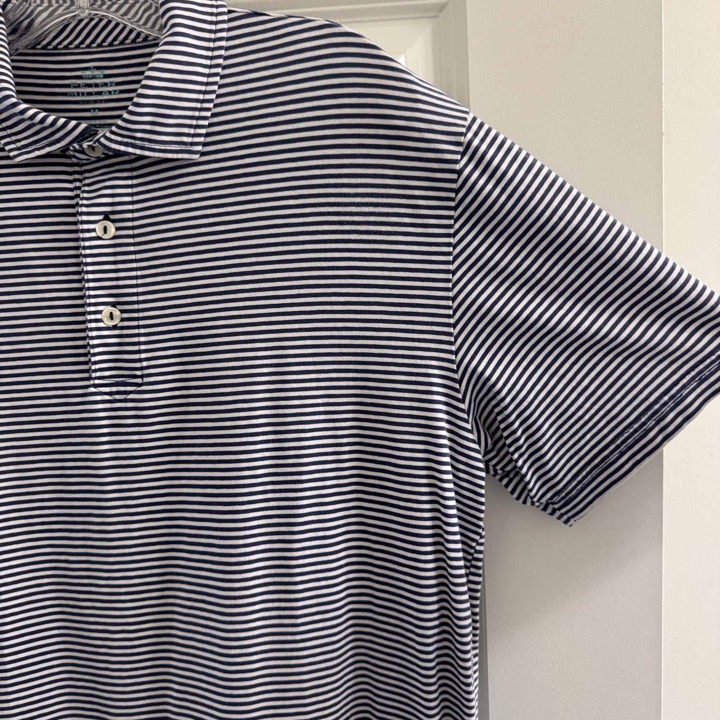 Peter Millar Striped Polo Shirt Men’s Medium Navy White Crown Logo Golf
