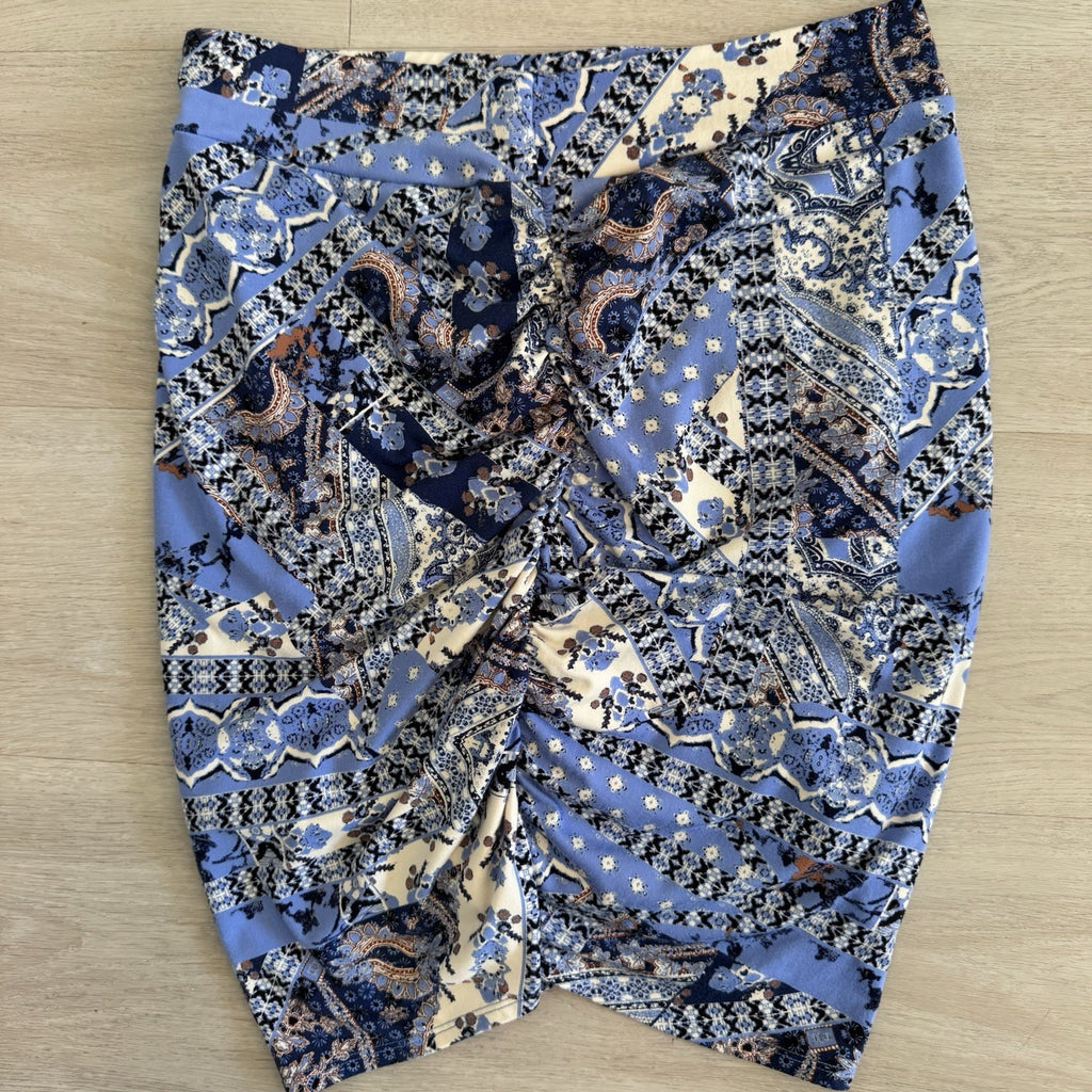 Free People Blue Patchwork Ruched Skirt Womens Medium Boho She’s Something Else