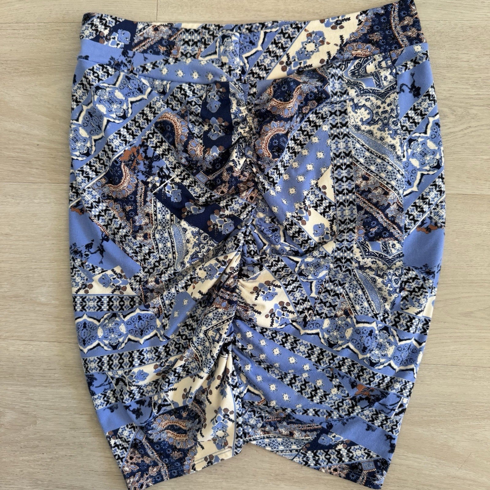 Free People Blue Patchwork Ruched Skirt Womens Medium Boho She’s Something Else