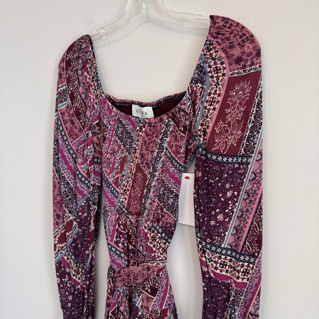 NWT Aura Shop Red Dress XS Purple Boho Patchwork Smocked Long Sleeve Mini Dress