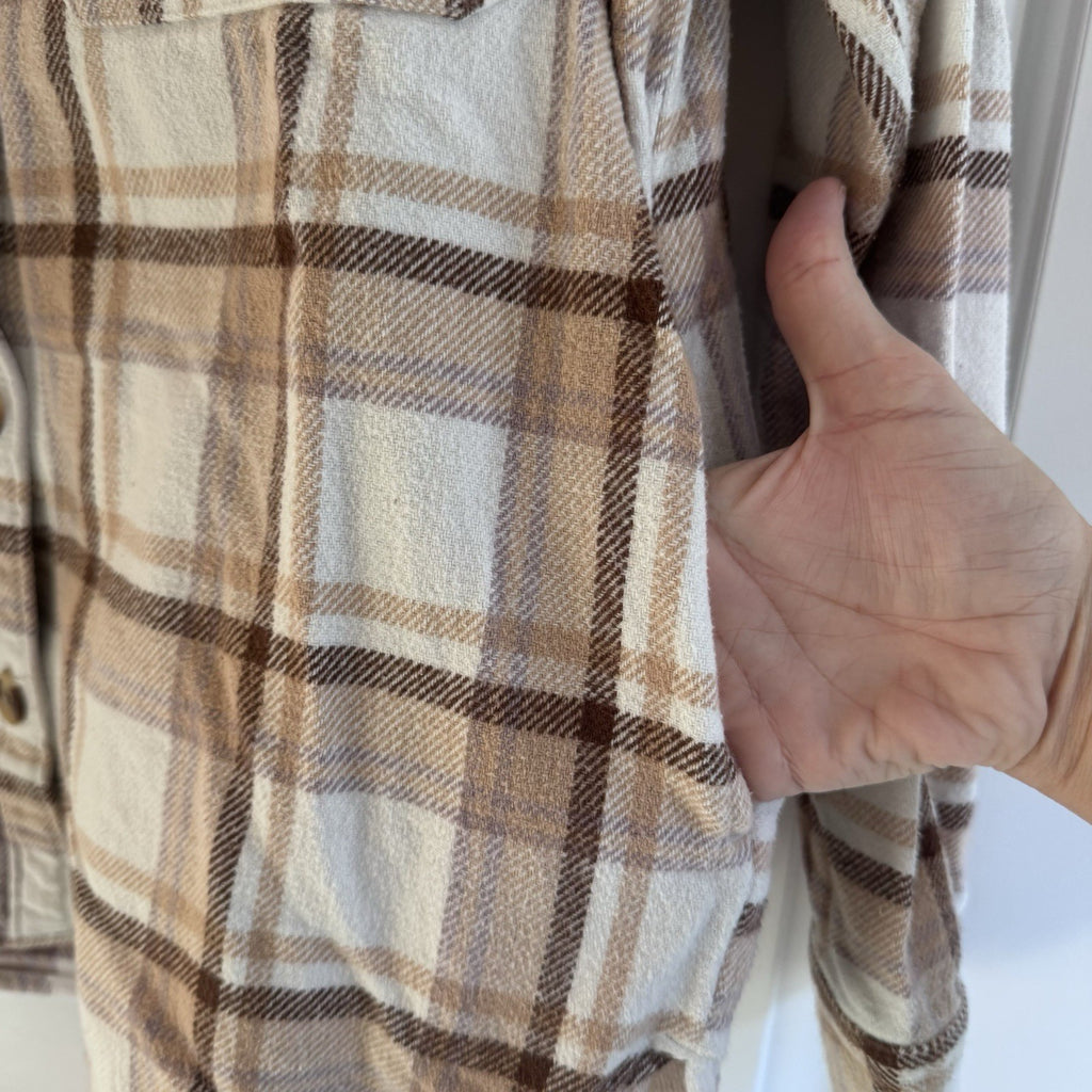 Hollister Plaid Flannel Button Up Shirt Womens Medium Brown Cream