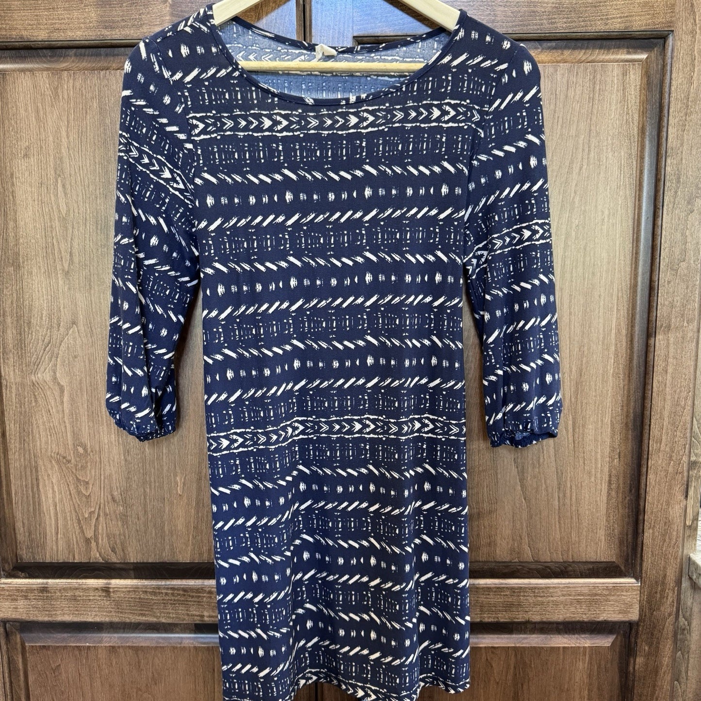 PinkBlush Navy Blue White Abstract Print Maternity Dress Tie Waist 3/4 Sleeve