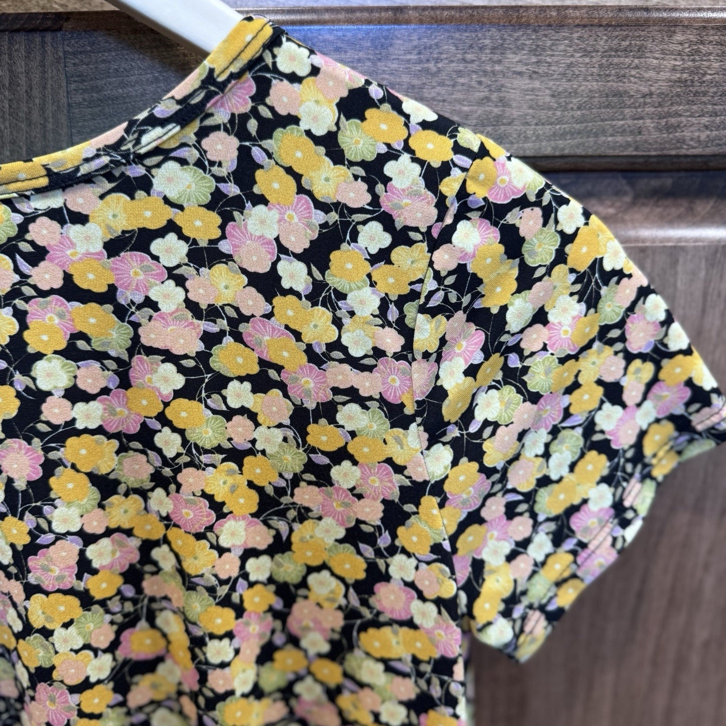 LuLaRoe Girls Floral Swing Dress Size 12 Yellow Pink Black Short Sleeve A-Line
