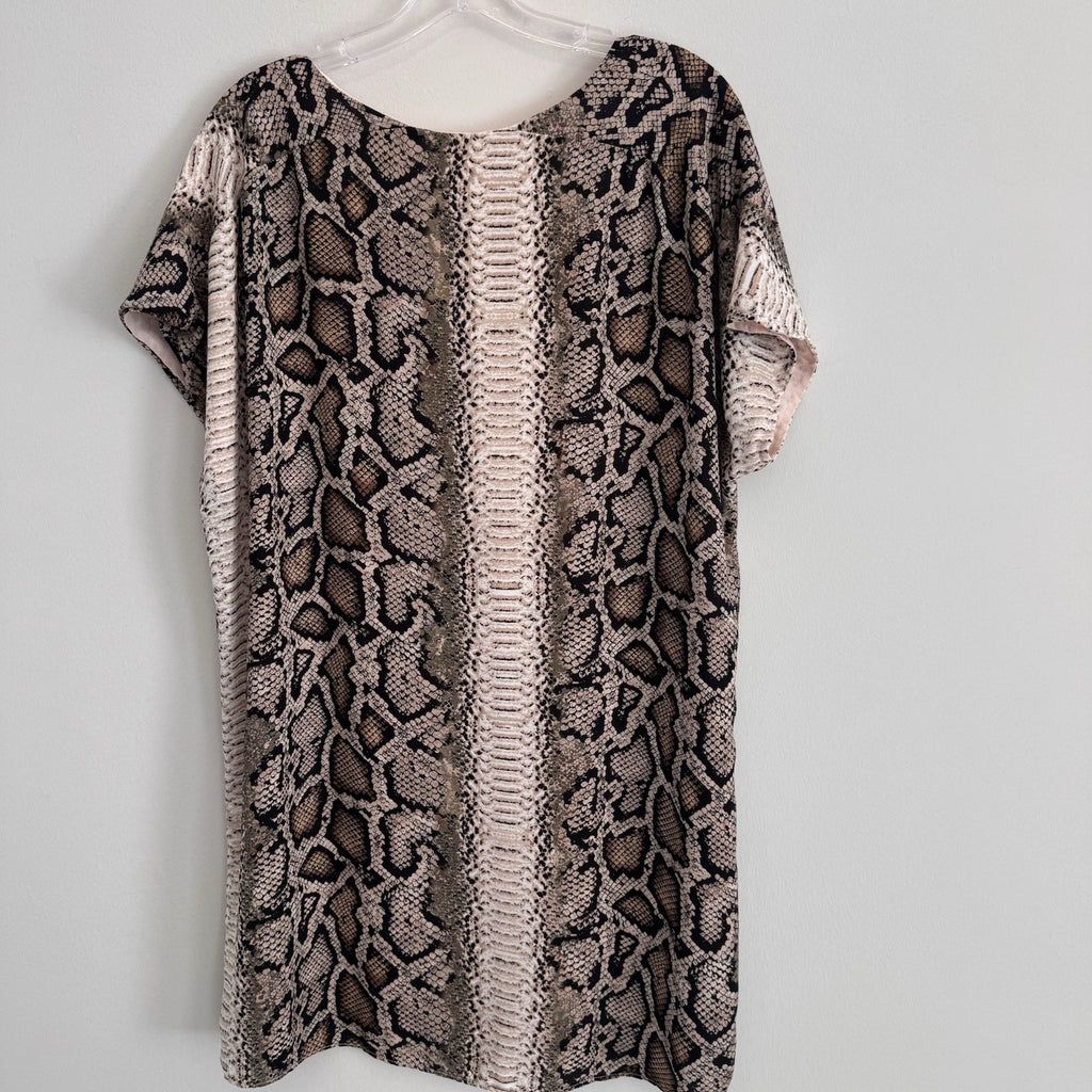 Buddy Love Snake Print Shift Dress Medium Pink Tan V-Neck Lined Women’s