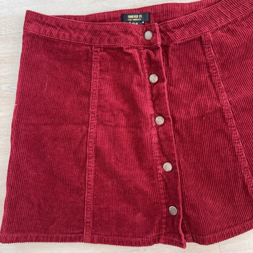 Forever 21 Red Corduroy Mini Skirt Button Front Size 30 Y2K Women’s