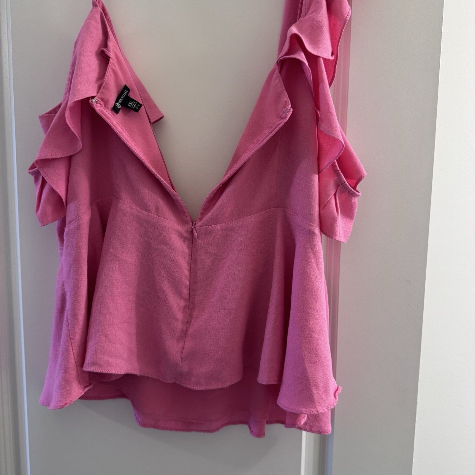 Versona Pink Ruffle Cold Shoulder Blouse XXL Asymmetrical Neckline Feminine 