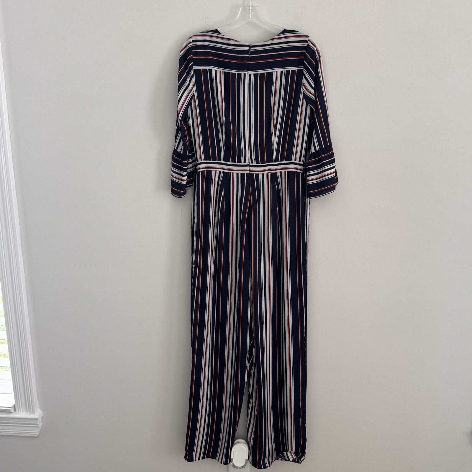 Skies Are Blue Striped Wide Leg Jumpsuit Women's Size S Bell Sleeve Nautical