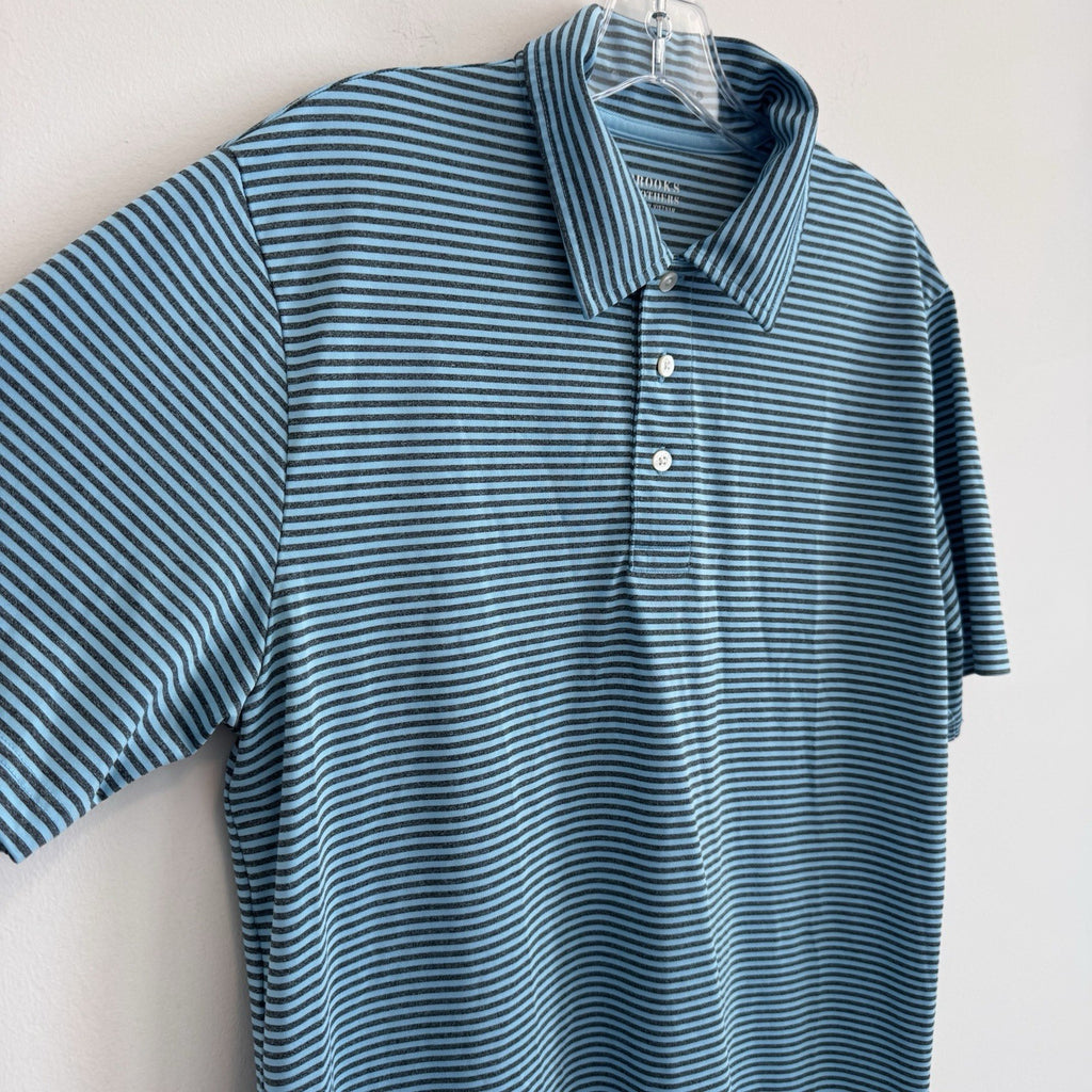 Brooks Brothers Mens Large Polo Shirt Blue Striped Performance Golf Sleeve Logo