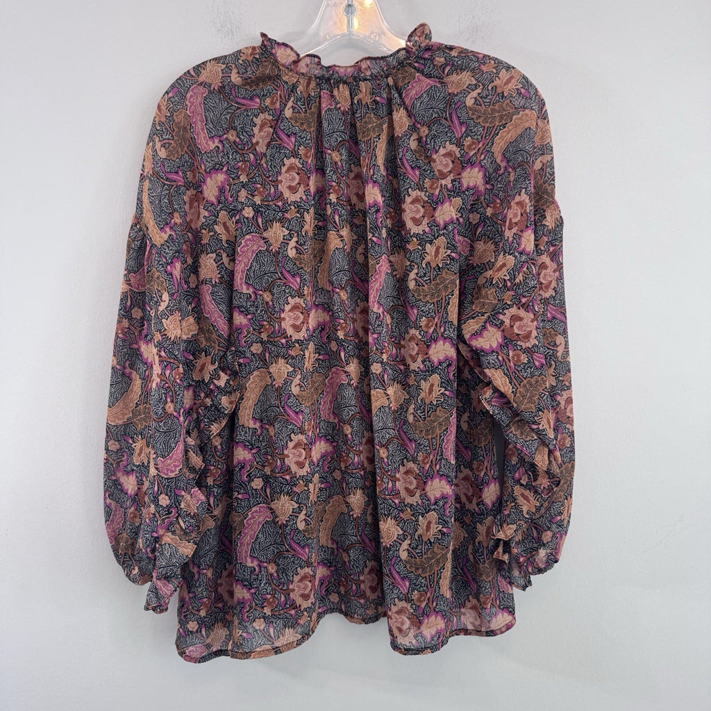 Entro Floral Boho Blouse Women’s Large Lined Peasant Top Pink Black