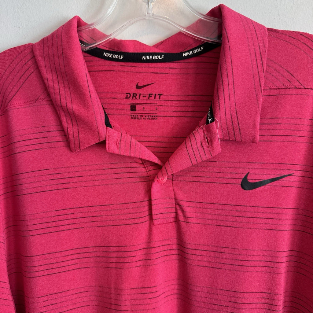 Nike Golf Dri Fit Polo Shirt Mens Large Pink Striped 1867 Logo Performance