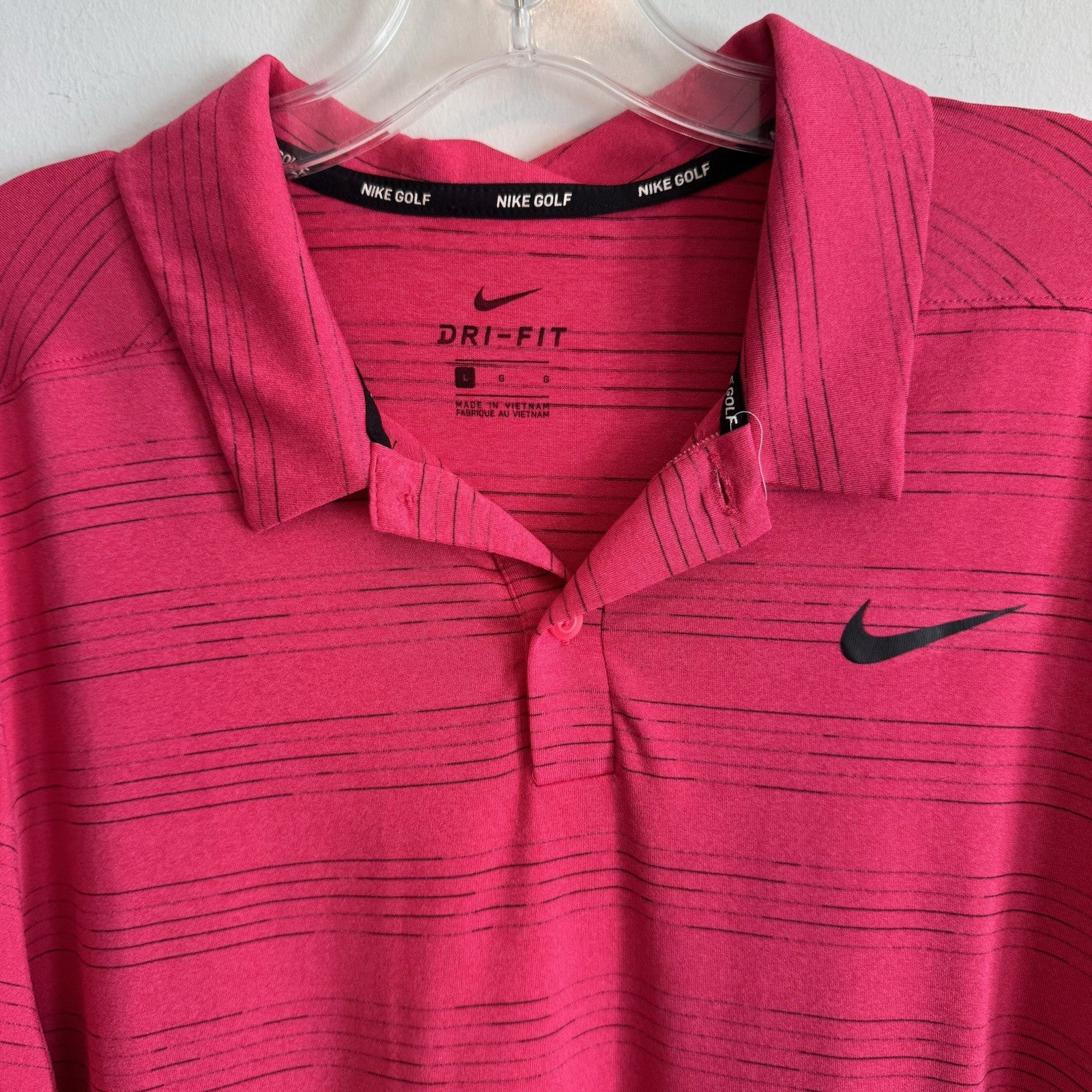 Nike Golf Dri Fit Polo Shirt Mens Large Pink Striped 1867 Logo Performance