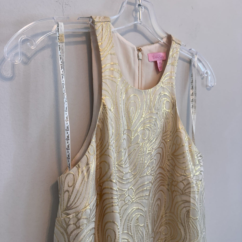 Lilly Pulitzer XS Silk Gold Metallic Fil Coupe Shift Dress Sequin Fringe Hem