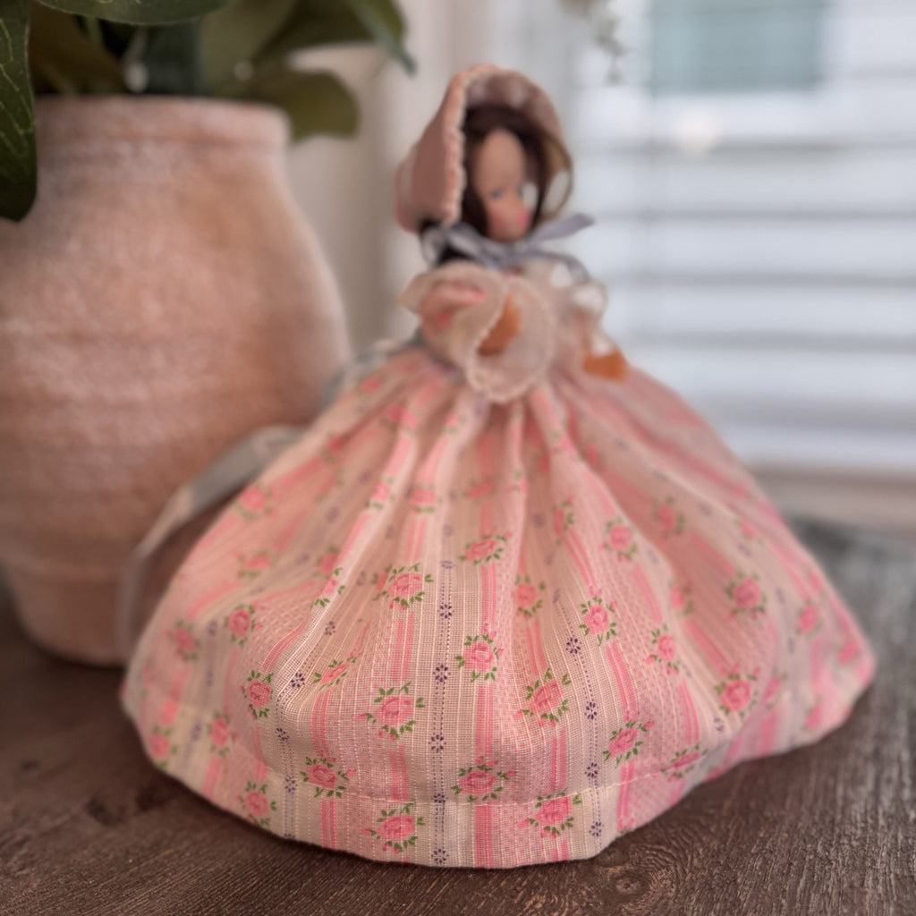 Vintage Southern Belle Souvenir Doll 8.5" Pink Rose Floral Gown Lace Bonnet 1950