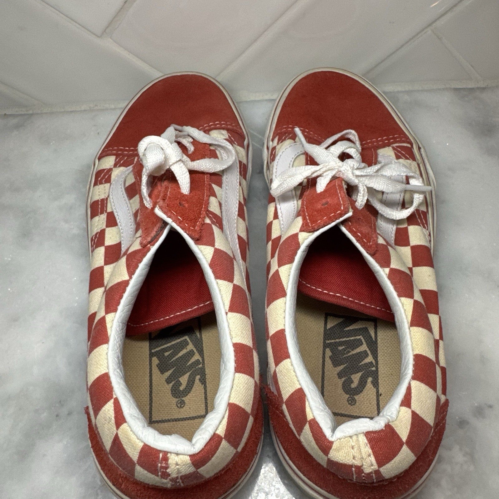 Vans Old Skool Checkerboard Red White Suede Canvas Men 5.5 Women 7
