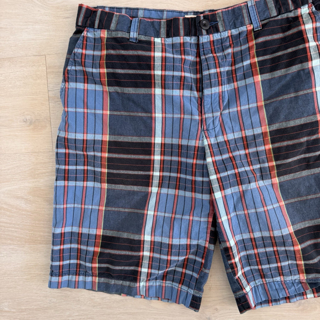 Old Navy Surplus Plaid Shorts Mens 36 Blue Red Cotton Flat Front