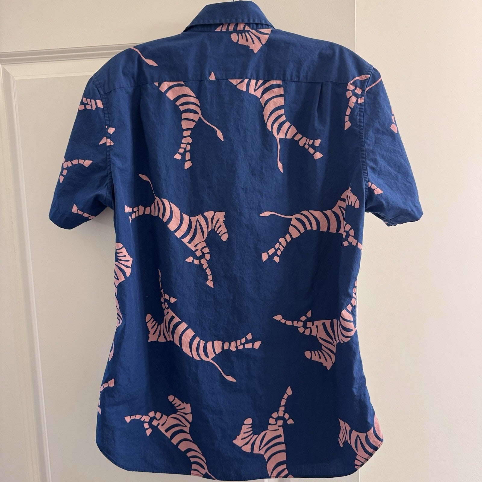 Bonobos Mens Slim Fit Shirt M Navy Pink Zebra Print Short Sleeve Cotton