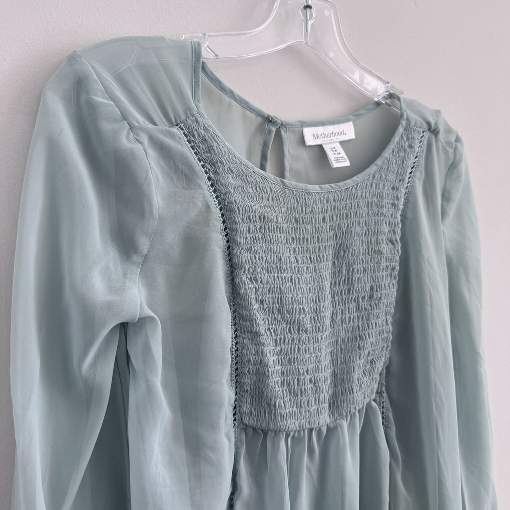 Women’s Motherhood Maternity Blouse Size S Smocked Chiffon Sage Long Sleeve