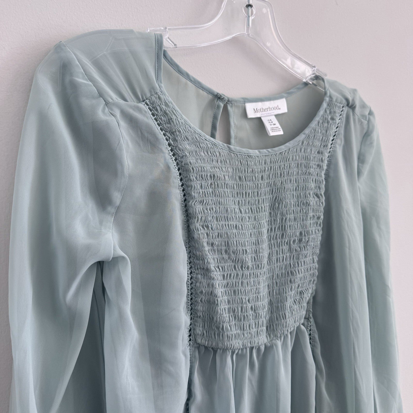Women’s Motherhood Maternity Blouse Size S Smocked Chiffon Sage Long Sleeve