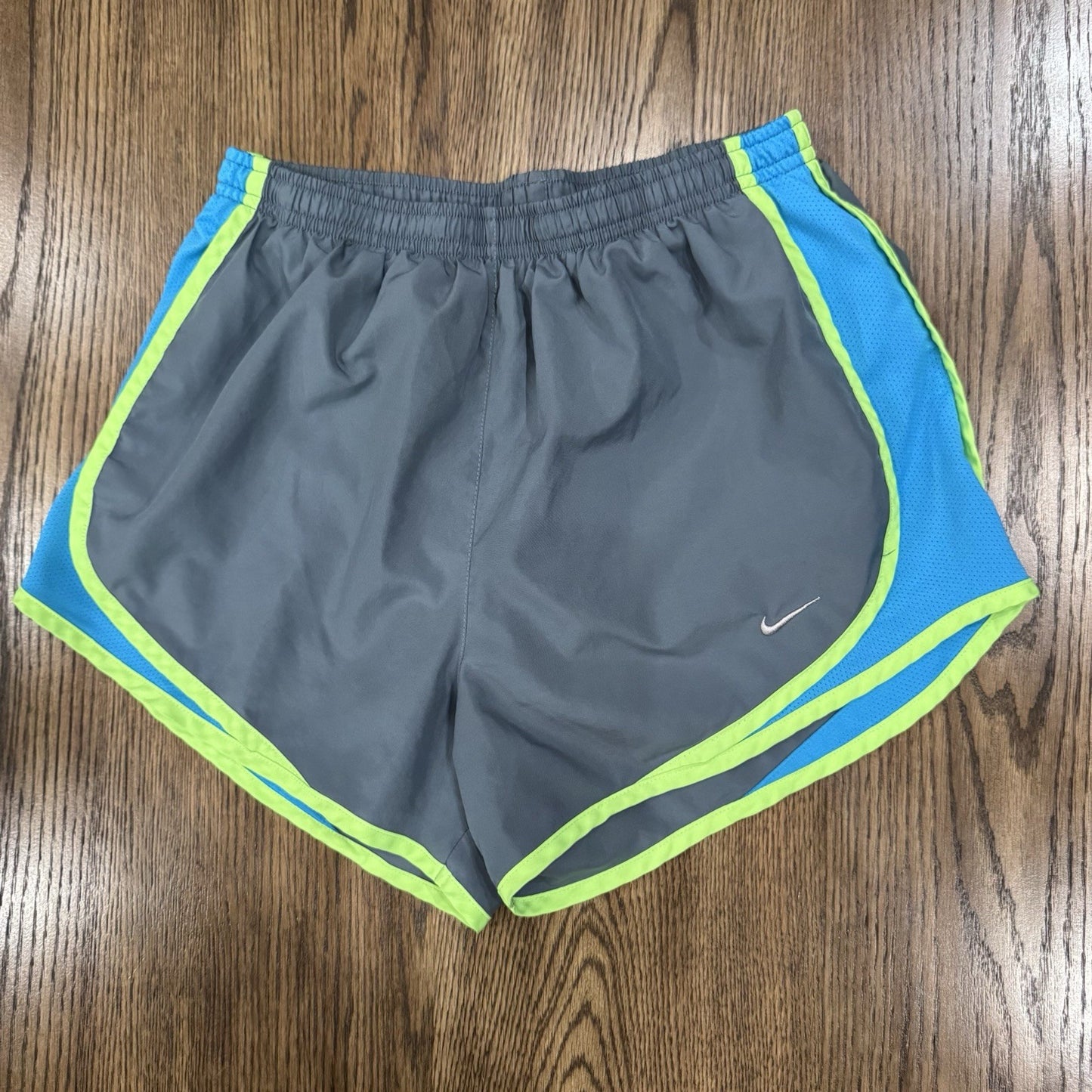 Nike Dri-Fit Tempo Running Shorts Women’s Small Gray Blue Neon Trim Mesh
