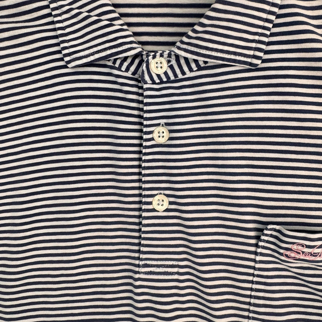 B. Draddy Men's Large Pima Cotton Striped Polo Shirt Navy White Pink Script