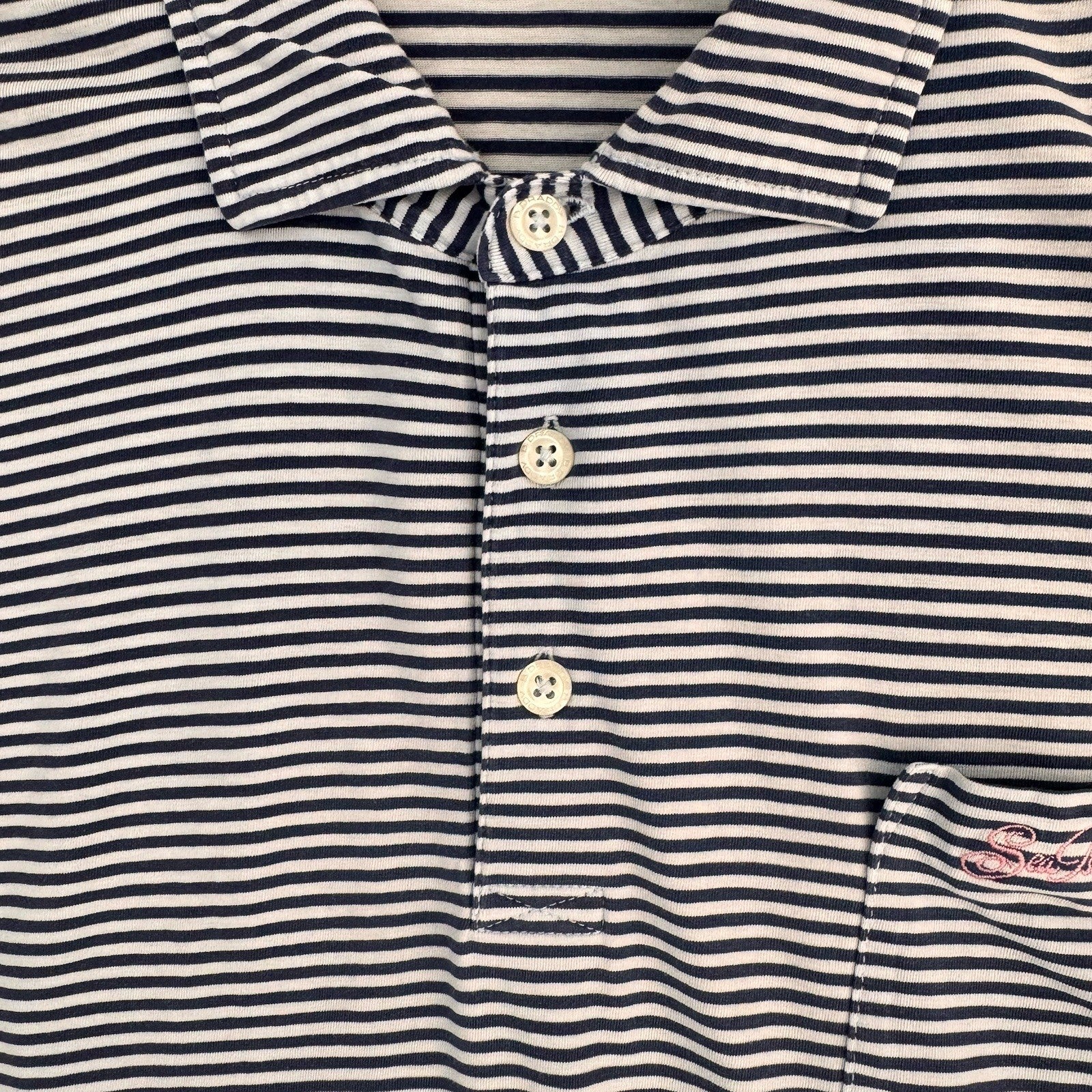 B. Draddy Men's Large Pima Cotton Striped Polo Shirt Navy White Pink Script
