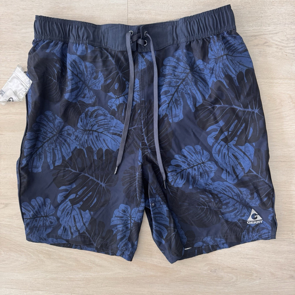 Gerry Mens Large Swim Trunks Blue Tropical Leaf Board Shorts Beach