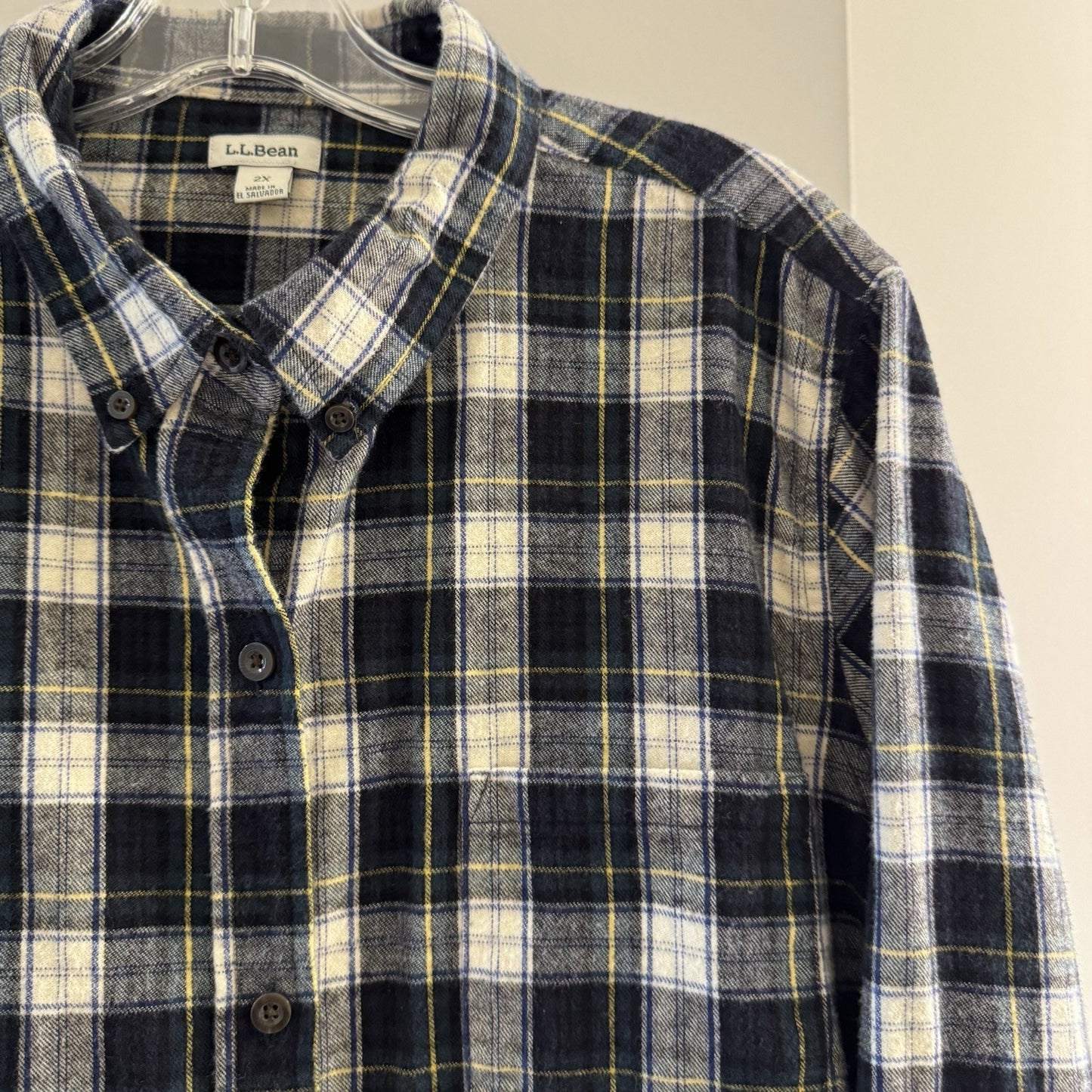 L.L.Bean Men’s Flannel Shirt 2X Black Blue Yellow Plaid Long Sleeve Cotton