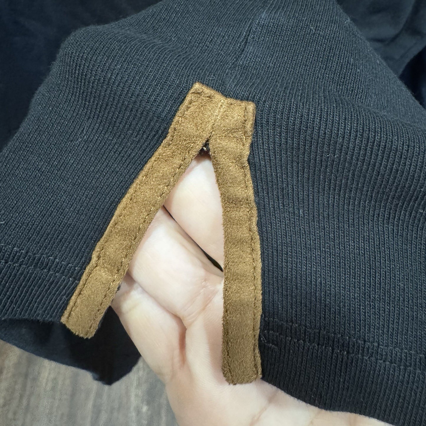 Lauren Ralph Lauren 1X Tunic Top Shirt V Black Brown Faux Suede Trim 3/4 Sleeve